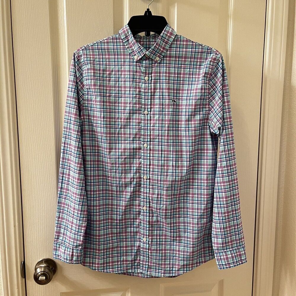 Vineyard Vines Performance On the Go Nylon Plaid Button Up Shirt Boys Size XL 18